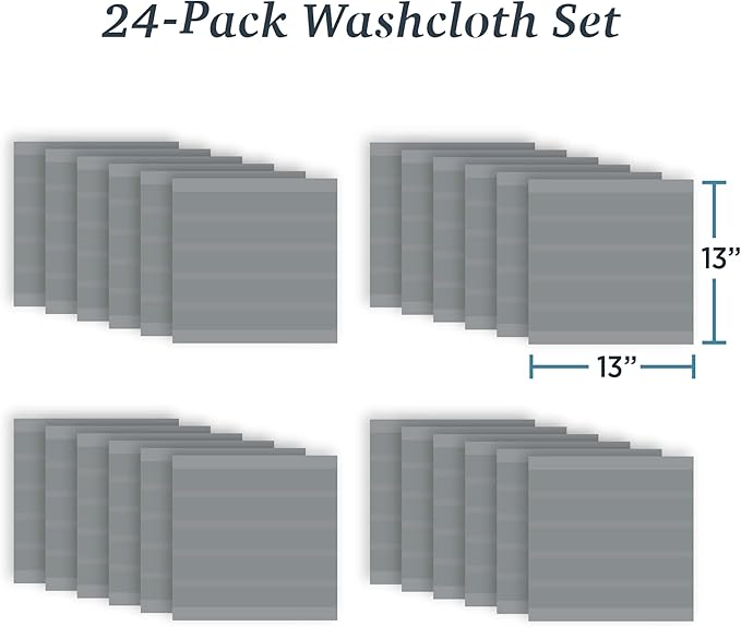 Welhome James 100% Cotton Textured Stripe Towels - 24 Pack Washcloths, Soft & Absorbent, Gray