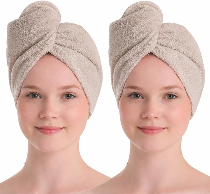 100% Turkish Cotton Hair Towel Wrap 2 Pack – Oeko-TEX Certified Quick Dry Turban for Wet Hair – Soft, Absorbent, Gentle on Curly & Long Hair – 10x26 Inch