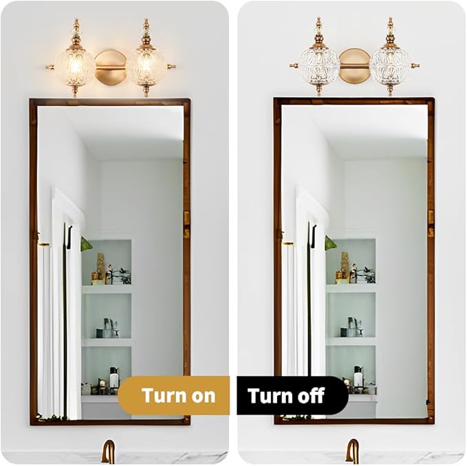 Brushed Antique Brass Bathroom Vanity Light Fixture Vintage Style - 2 Light G9 Bulb Compatible, 17" Wide Bathroom Lighting Over Mirror with Hand-Etched Glass Shades, Easy Mount for Makeup Area