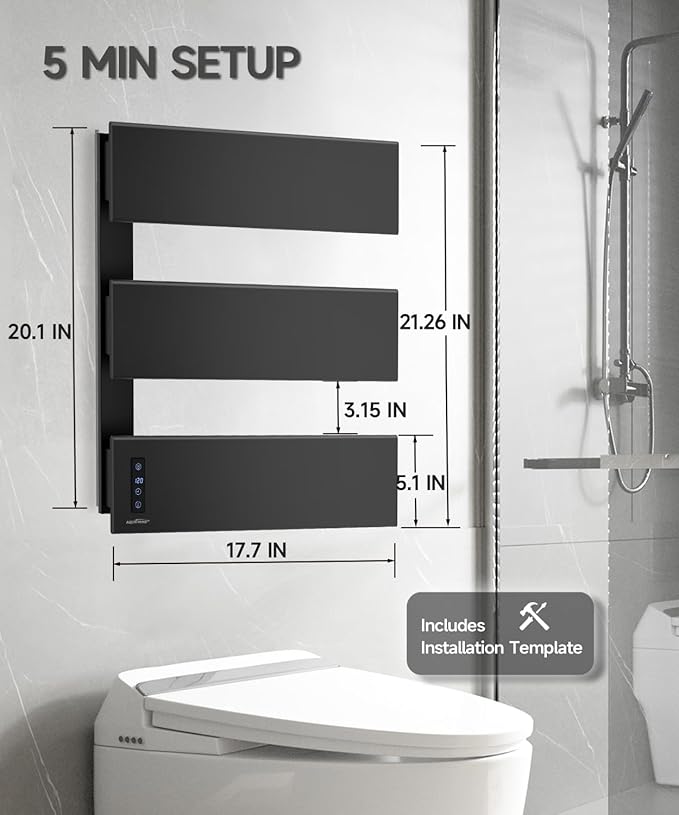 Heated Towel Racks For Bathroom, Large Towel Warmer Rack With 3 Bar, Smart LED Control, Built-in Timer & Temperature, 21.6" X 17.7", 100 - 140°F, Plug-in & Hardwired, Fast Heating, Elegant Matte Black
