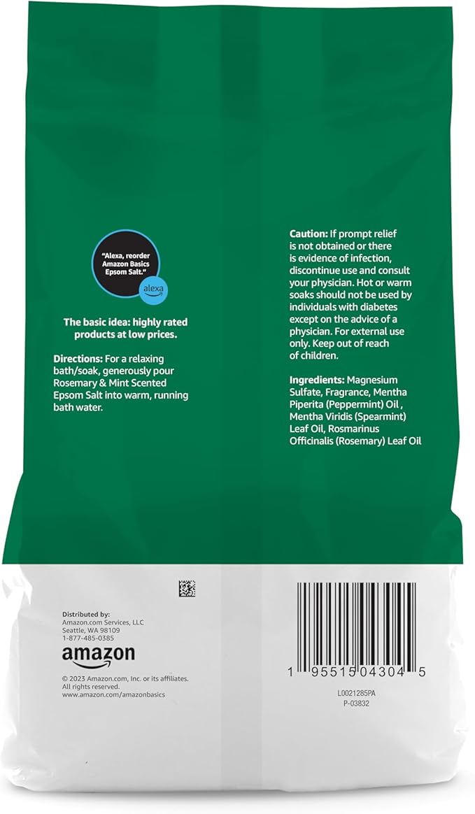 Amazon Basics Epsom Salt Soaking Aid, Soothing Rosemary & Mint Scent, 3 Pound (Pack of 3) (Previously Solimo)