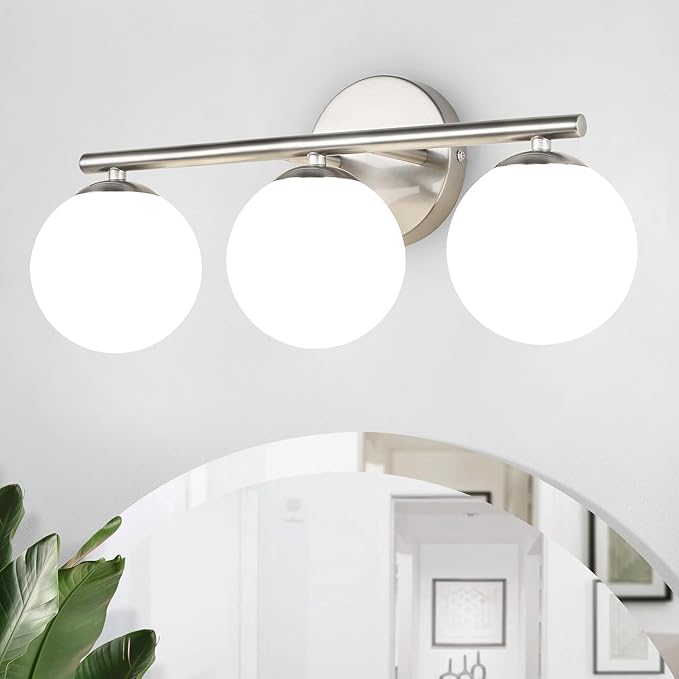 Brushed Nickel Bathroom Light Fixtures 3-Light Globe Vanity Light with Plastic Milk White Globe Shades 11.81 inch Wall Sconce Lighting Over Mirror Vanity Lights for Bathroom Bedroom Hallway