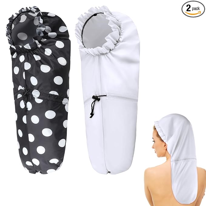2 Pcs Large Shower Cap for Braids, Extra Long Shower Cap for Women Long Hair & Locs, Waterproof Hair Bonnets for Dreadlocks Drawstring Bath Caps for Women & Men (White, Polka Dots)