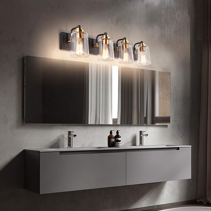 SOLFART Vintage Vanity Lighting Fixtures for Bathroom 4 Light Bathroom Vanity Light Black Brass Wall Light Sconce Light Black with Brass Light for Bath