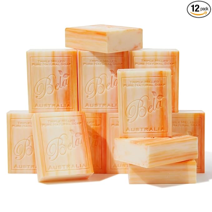 BELA Orange Zest Soap 3.3 OZ Pack of 12, Long Lasting French Triple Milled Bar Soap with Organic Shea Butter, Hand, Face and Body Wash Bar, Made in Australia