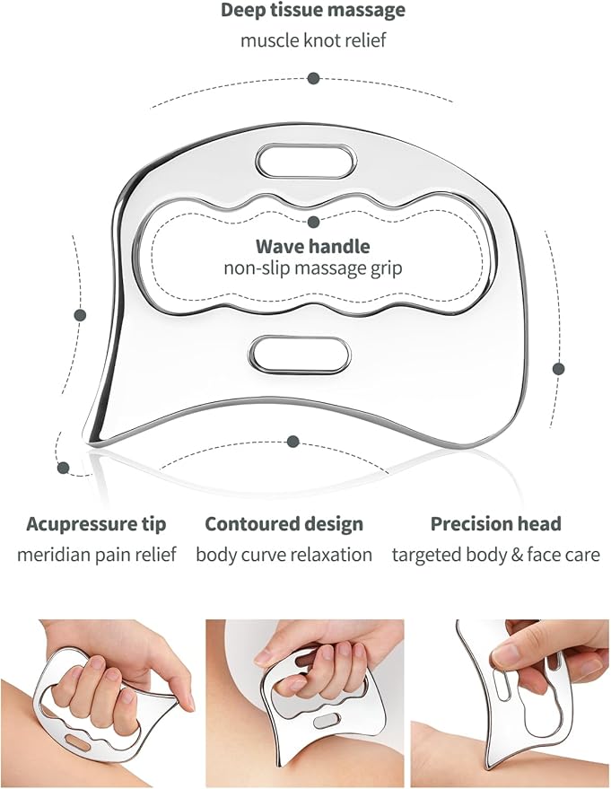 3-in-1 Stainless Steel Gua Sha Massage Tool Set, Muscle Scraper & IASTM Tools for Soft Tissue Mobilization, Myofascial Release, Body Skin Massage, Physical Therapy Sore Muscle Relief with Travel Pouch