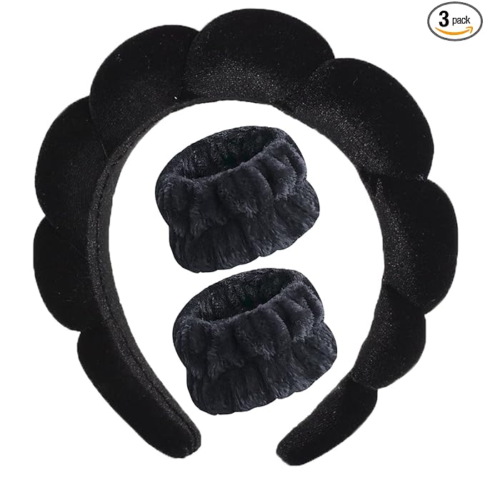 Luckybear Spa Headband for Washing Face, Velvet Makeup, Bubble Skincare With Face Wash Wristbands, Sponge Puffy for Women Skin Care - Black