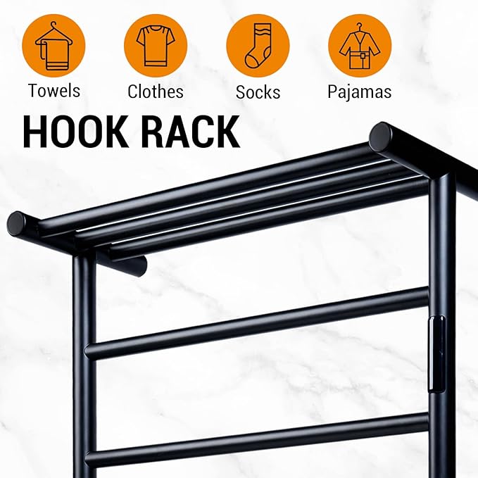 MyGift 4 Tier Wall Mounted Bathroom Towel Warmer Rack with Top Shelf and LED Panel, Premium Hotel Series Matte Black Stainless Steel Electric Heater for Warming Towels