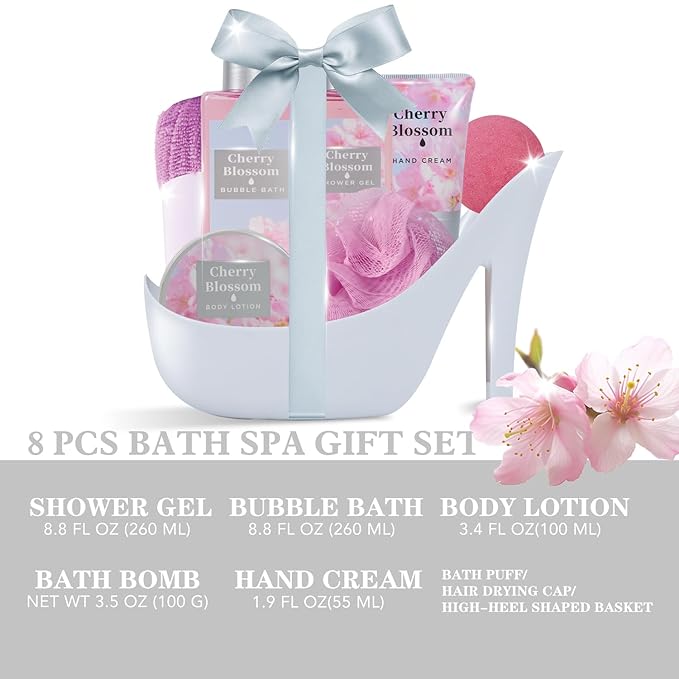 Spa Luxetique Mothers Day Gifts for Women 8pcs High Heel Gift Set for Women Elegant Cherry Blossom Spa Gifts for Womens Birthday Gifts for Womens Wife Sister Girlfriend Friend