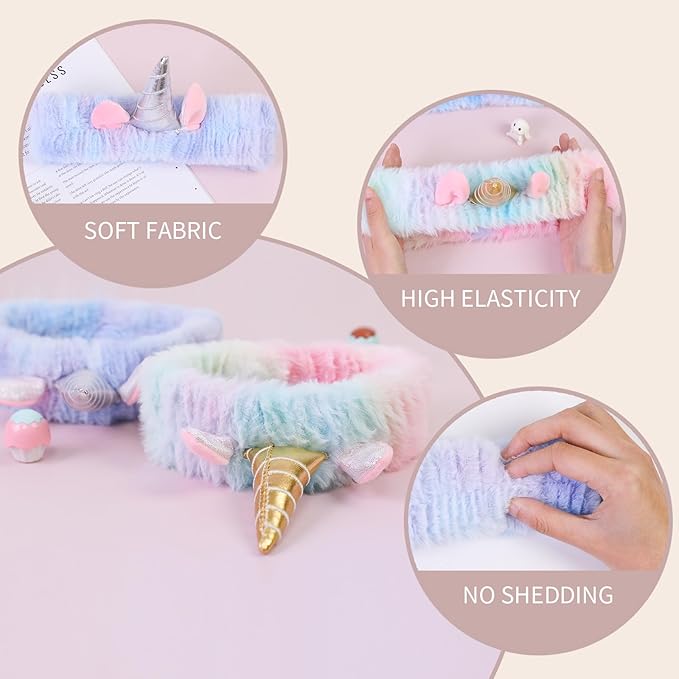Kawaii Spa Headbands for Women Girls - 2 Pack Cute Soft Fleece Facial Headbands for Makeup, Skincare and Face Washing, Silver+Gold Horn