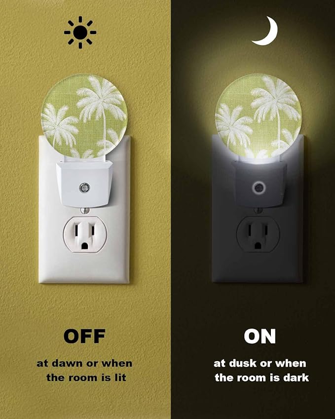 Night Lights Auto Sensor Tropical Palm Trees Night Light Lemon Yellow Linen Coastal Round Lamp Plug-in LED Nightlights Dusk to Dawn for Living Room Bedroom Bathroom Hallway Wall Decor