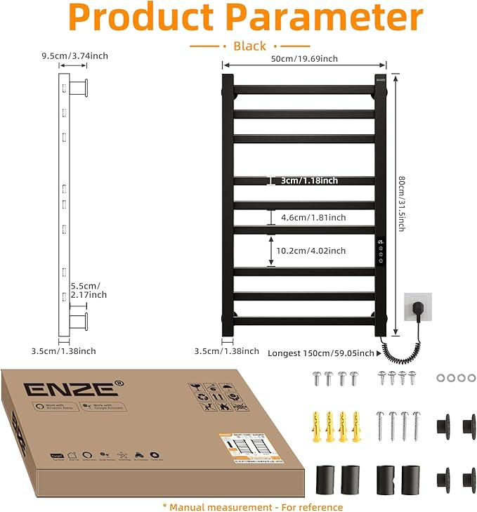 ENZE Smart Heated Towel Rack, 9-Bar Wall-Mounted Electric Towel Warmer 230W, Wi-Fi App Control & LED Touch Screen, Adjustable Temperature & 24H Timer, IPX5, Plug-in/Hardwired, Matte Black