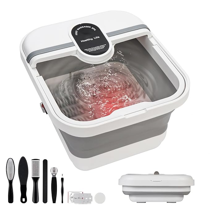 Collapsible Foot Spa Bath Massager with Heat, Bubble, Foot Soaking Tub with Handles, Foot Pedicure Kit, Temperature Control, Massage Rollers, Collapsible Bucket for Cleaning