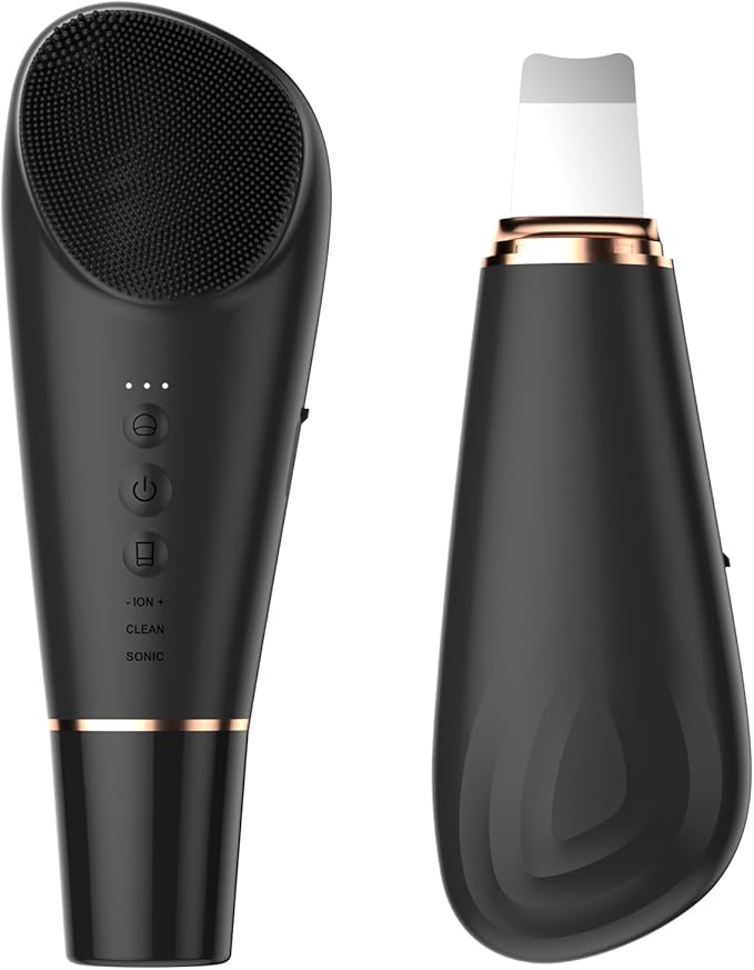 Silicone Face Scrubber Blackhead Scraper Rechargeable 2-in-1 Facial Cleansing Brush & Skin Spatula Duo, IPX7 Waterproof Exfoliating Massager Deep Cleansing for Women and Men(Black)