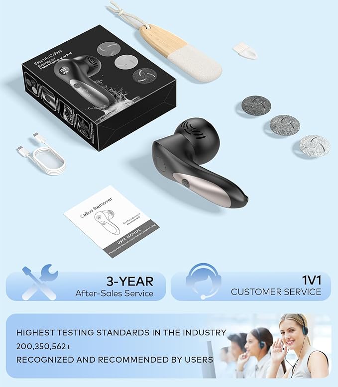 Rechargeable Electric Callus Remover for Feet with Vacuum, Pumice Stone Foot File for 100% Full Foot Care Coverage, 2-Speed & 3 Grinding Heads, Ideal Gift for Dead, Hard Cracked Dry Skin, Black