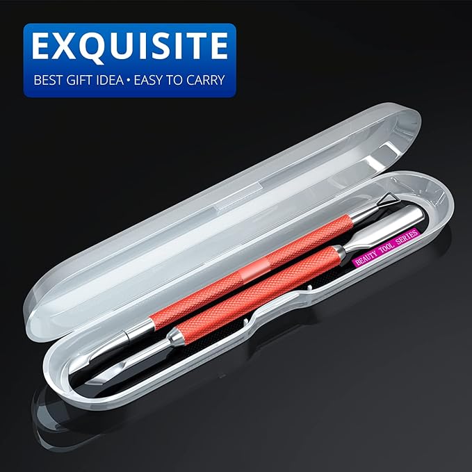 2PCS Metal Red Cuticle Pusher and Cutter Remover Salon Quality Stainless Steel Gel Nail Polish Peeler Scraper Durable Manicure and Pedicure Cleaner Tool For Fingernail and Toenail
