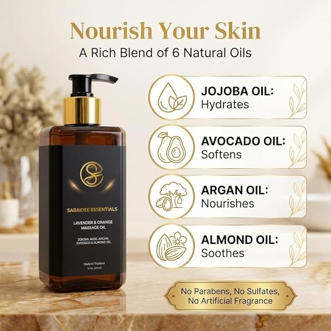 Aromatherapy Massage Oil - Lavender Oil & Orange 10 Fl Oz - Thai Body Oil for Massage Therapy with Jojoba, Avocado, Argan, Aloe, Almond - Relaxing Body Care & Self-Care