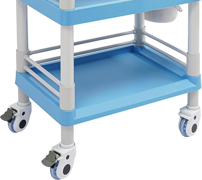 Salon Storage Cart, 3 Tier Rolling Beauty Organizer with 2 Garbage Baskets & 1 Drawer, 80kg/176.37lbs Capacity, Movable Storage Trolley for Beauty Salon SPA (Blue)