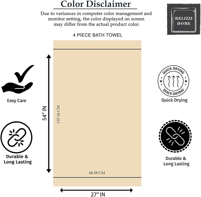 Belizzi Home 4 Pack Bath Towel Set 27x54, 100% Ring Spun Cotton, Ultra Soft Highly Absorbent Machine Washable Hotel Spa Quality Bath Towels for Bathroom, 4 Bath Towels - Ivory