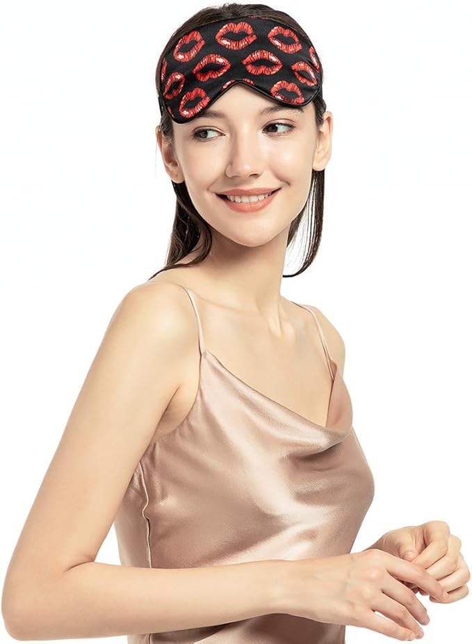 100% Mulberry Silk Sleep Mask Blackout, Cute Natural Sleeping Mask with Adjustable Elastic Strap, Satin Eye Cover for Men Women Adults (Kiss)