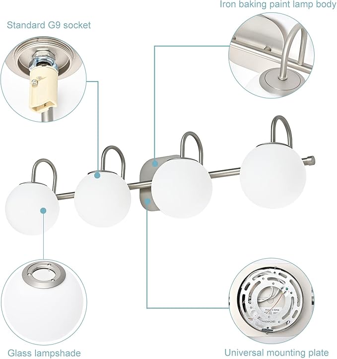 Mid Century Modern Brushed Nickel Bathroom Vanity Light Fixtures 4 Lights Milky Glass Wall Lighting Bath Vanity Lights Over Mirror (Exclude G9 Bulb)