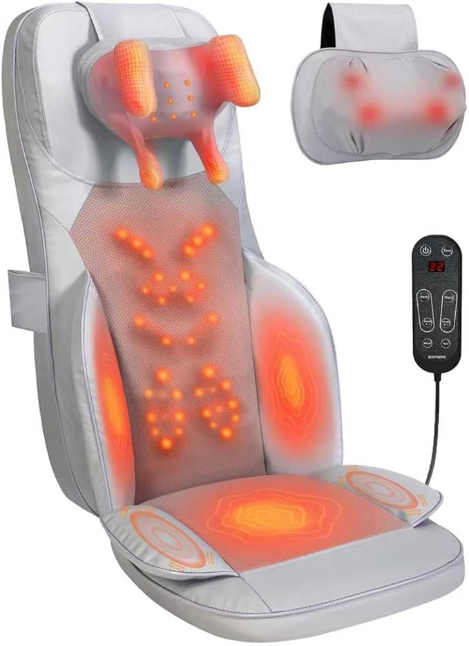 Shiatsu Neck and Back Massage Cushion with Heat - 4D Kneading and Vibration for Muscle Relief, Dual-Neck Design, Adjustable Intensity and Height for Office Chair and Home Use, Grey