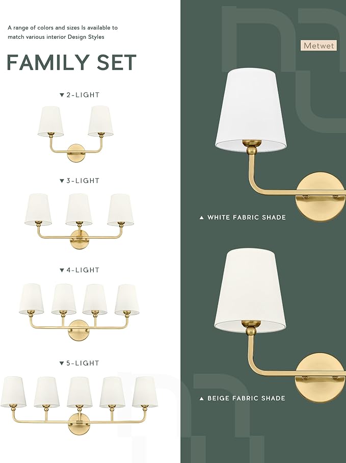 5-Light Bathroom Light Fixtures, Brushed Gold Vanity Lights with Flared Beige Fabric Shade, 35 Inch Wall Sconce, Vintage Sconces Wall Lighting for Hallway Bedroom, VL837-BG-B-5