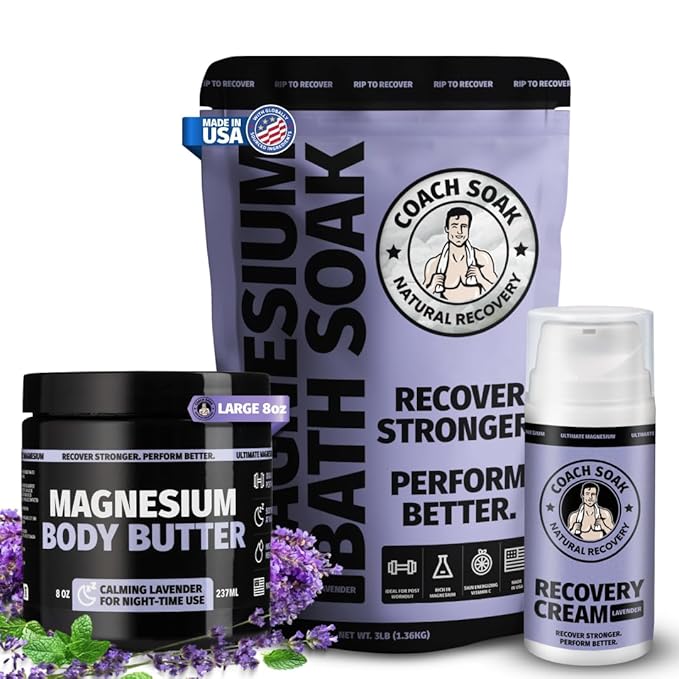 Coach Soak Magnesium Recovery Bundle - Bath Soak (3lbs), Nighttime Body Butter (8oz) & Magnesium Cream with MSM (3.4oz) – Lavender Scent