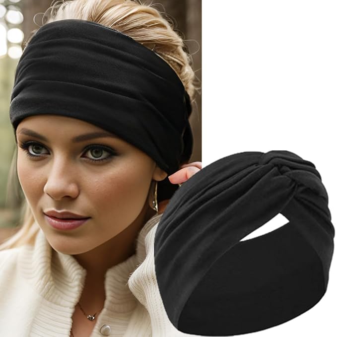 HAUHC Extra Wide Headbands for Women, 7'' Large Cotton Like Turban Knotted Bandana Head Bands for Women Non Slip, Boho Headbands for Women's Hair (All Black-6Pcs, Extra Large 7" Wide)