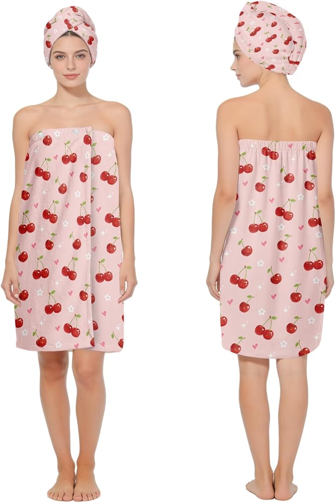 Absorbent Bath Towel Wrap Set for Women, Pink Cherry Print Towel Wrap After Shower, Microfiber Shower Robe Body Towel Wraps for Women, Quick Dry Hair Towels Wraps for Spa Hotel Beach Girl