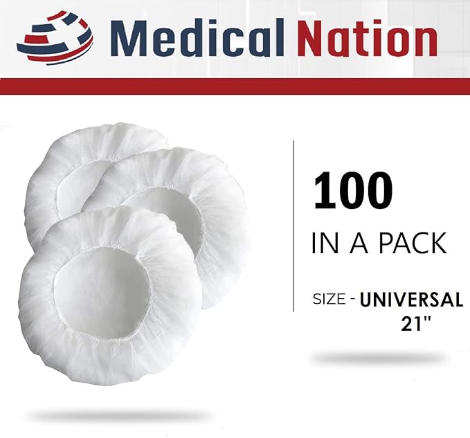 Medical Nation 21" Disposable Bouffant Caps | Pack of 100, White | Hairnets, Non-Woven, Non-Pleated Head Hair Covers |For Medical, Labs, Nurse, Tattoo, Food Service, Hospital, Cooking - Size 21" White