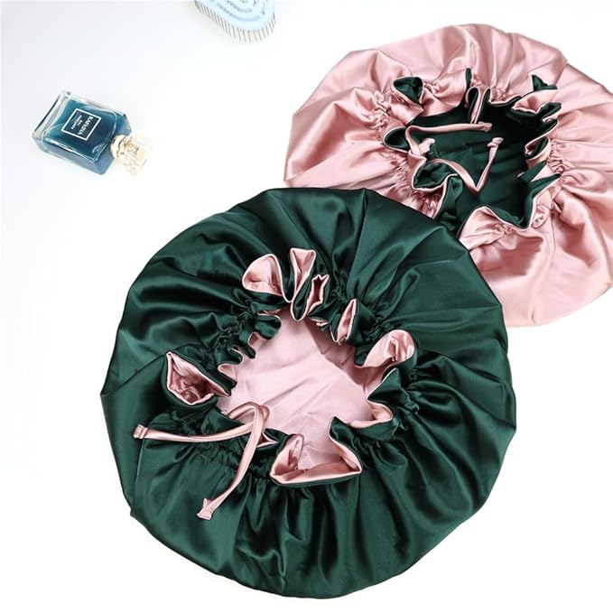 Adjustable Silk Satin Bonnet Hair Care Caps for Women Girls Loose-fitting Reversible Sleeping Cap Shower Caps Hair Wrap Bonnets (003 Spruce/Blush)