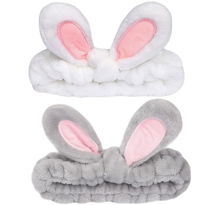 musejoy 2 Pcs Headband Bunny Ears Headband Cute Spa Headbands for Washing Face Skincare Makeup Headbands for Women Girls Trendy Stuff Present Soft Coral Fleece Hair Accessories(Grey+White)