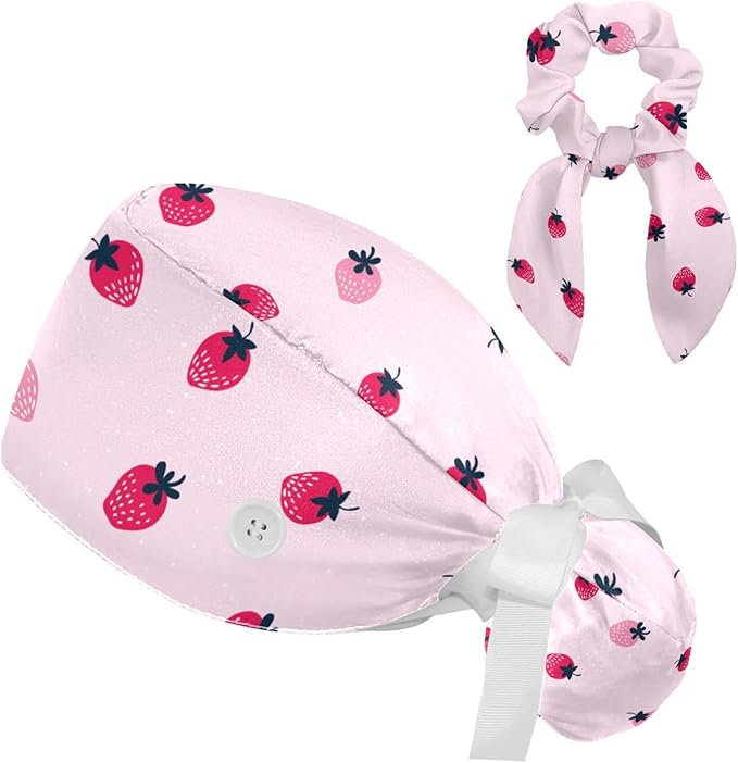 Ethnic Aztec Pattern Adjustable Scrub Cap Hat with Button, Working Hat Sweatband with Bow Hair Scrunchy for Woman