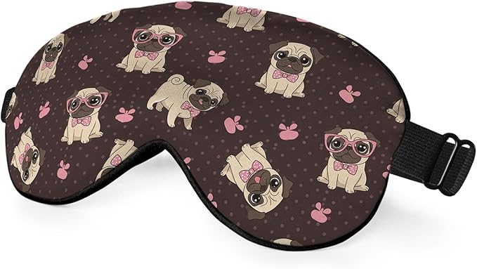 Cartoon Pug Sleep Mask Eye Mask Puppy Bow Tie Glasses Dog Animal Sleep Mask Light Blocking Adjustable Smooth Soft Eye Masks for Women Deep Rest Travel