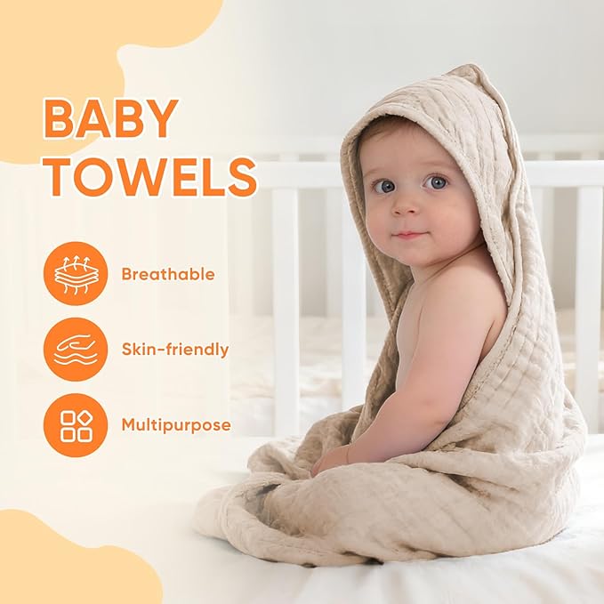 MIGIOL Muslin Hooded Baby Towels 100% Cotton ，Super Soft Muslin Baby Bath Towel - 32 x 32 Inches, Suitable for Newborn and Young Children up to 3 Years Old. (Beige & Coffee)