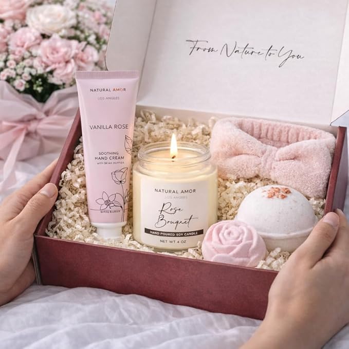 Natural Amor Relaxation Spa Gift Set for Women, 5 Piece Bath & Body Box with Candle, Hand Cream, Bath Bombs & Headband, Self Care Gift for Her