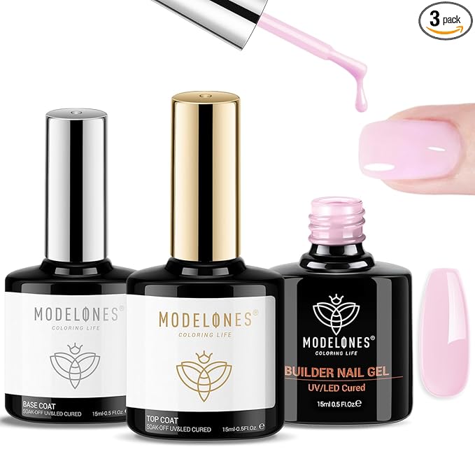 modelones Builder Nail Gel with Gel Base Top Coat, 3Pcs Baby Pink Builder Nail Kit for Apex Building Extension Thickening Strengthener High Gloss Shiny, U/V LED Lamp Cured for Home DIY Salon Girls