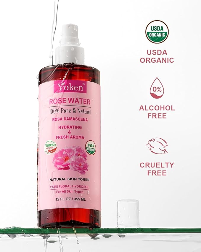 Yoken Organic Rose Water Spray for Face, 12 Fl Oz Fine Mist, Rosewater Face Mist with 100% Pure & Natural Rosa Damascena Rose Hydrosol, USDA Certified Organic, Alcohol Free, Vegan, No Dyes