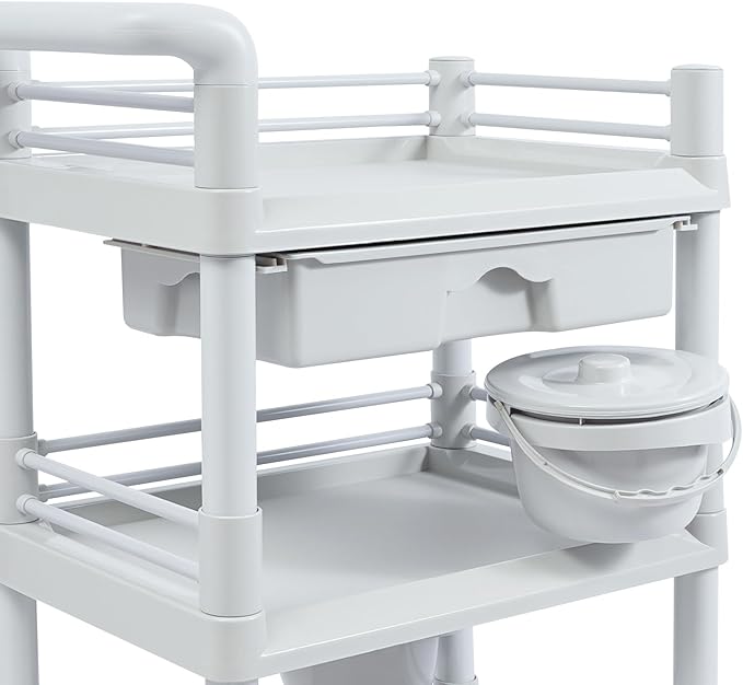 Salon Storage Cart, 3 Tier Rolling Beauty Organizer with 2 Garbage Baskets & 1 Drawer, 80kg/176.37lbs Capacity, Movable Storage Trolley for Beauty Salon SPA (Grayish-White)