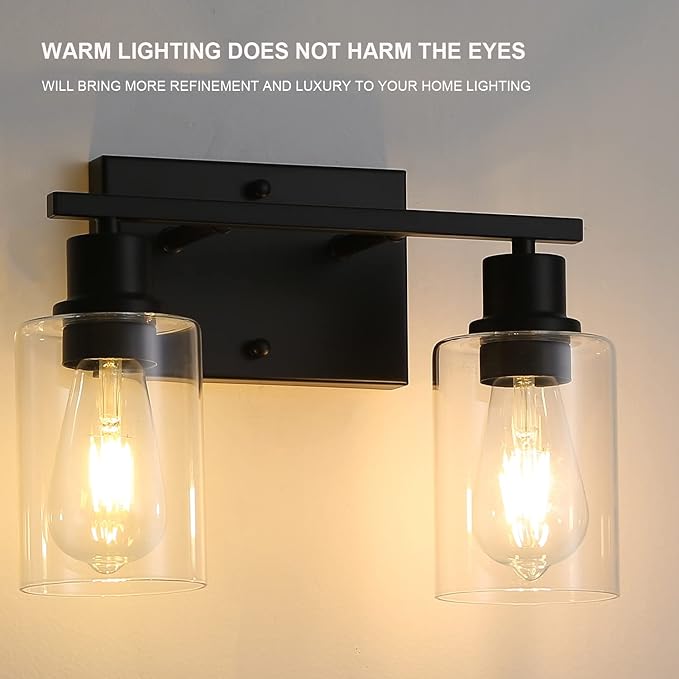 Bathroom Vanity Light Fixtures, 2-Light Matte Black Bathroom Lights, Wall Sconces with Clear Glass Shade for Hallway Farmhouse Bedroom Living Room