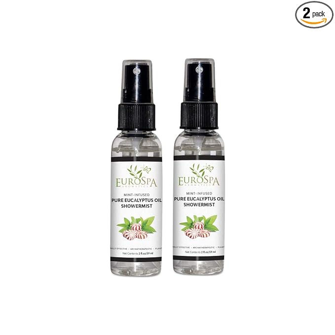 EuroSpa Aromatics Pure Eucalyptus Oil ShowerMist and Steam Room Spray, All-Natural Premium Aromatherapy Essential Oils - Mint Infused, 2oz, 2 Pack