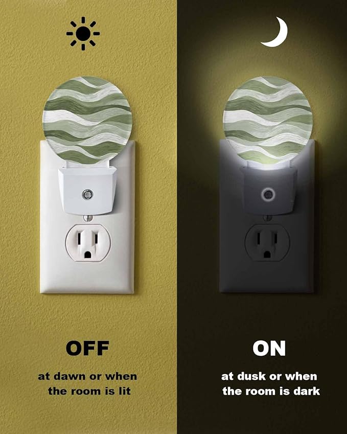 Night Lights Auto Sensor Green Ocean Waves Night Light Abstract Mountain Stripes Round Lamp Plug-in LED Nightlights Dusk to Dawn for Living Room Bedroom Bathroom Hallway Wall Decor