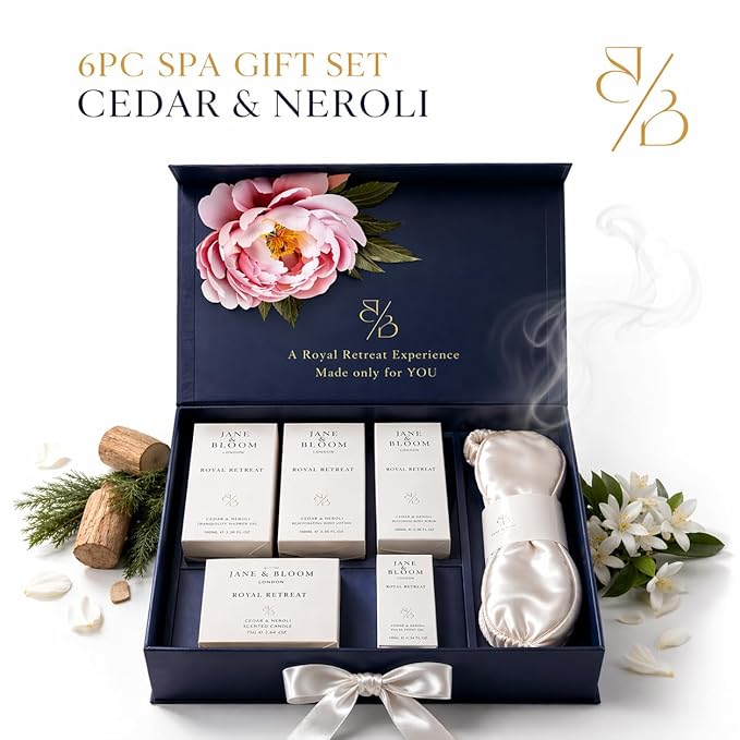 Royal Retreat Luxury Spa Gift Box for Women, Cedar & Neroli Bath and Body Gift Set, Relaxing Home Spa Kit with Bath Salt, Body Scrub, Body Oil, Hand Cream, Eye Mask, Mothers Day Gifts