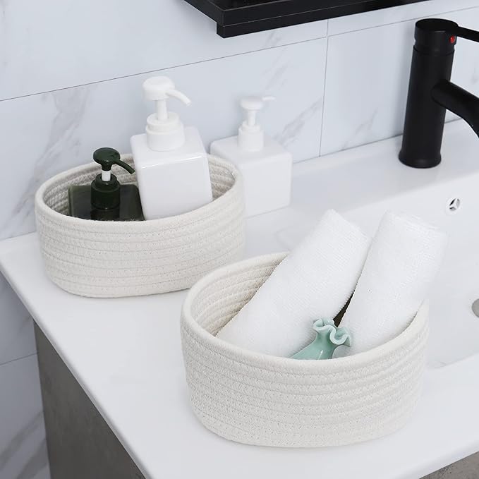 【2 Pack】 ABenkle Small Storage Baskets, Natural Cotton Rope Woven Baskets for Organizing, Tiny Oval Storage Easter Baskets, Small Basket, Cat Dog Toy Baskets, Bathroom Organization Bin