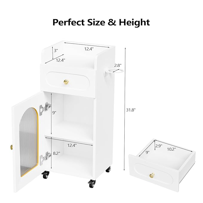 OmySalon Salon Cart with Wheels, 3-Tier Rolling Beauty Cart with Glass Door & Dryer Holder, Mobile Hair Styling Station for Barber, Spa, Esthetician, Nail & Tattoo Artists, Lockable Storage, White