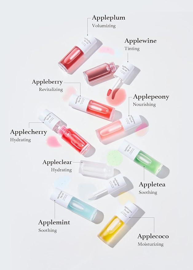 NOONI Vegan Appleseed Lip Oil Set - Appleberry & Applecherry & Appleplum | Long-Lasting, Moisturizing, Plumping, Revitalizing for Dry Lips, Waterproof, No Peel Off, 0.12 FL Oz x 3ea