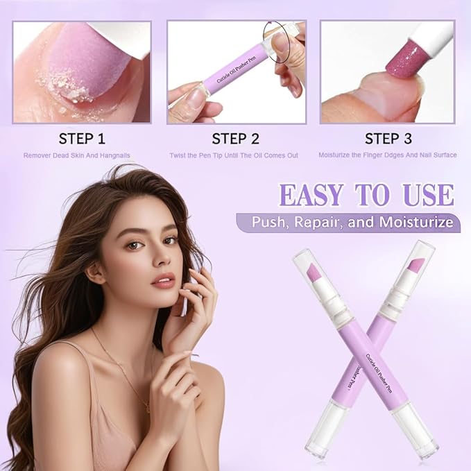 4-in-1 Cuticle Oil Pusher Pen, 2026 New Cuticle Pusher Oil Pen Nail Cuticle Pen Applicator, Cuticles Remover Pens for Dry Damaged Nails, Hangnails, Moisturize Strengthen Brighten (1 Pink+1 Purple)