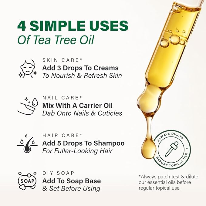 100% Pure Tea Tree Oil - 4 Fl Oz Tea Tree Essential Oil for Hair, Skin, Diffuser, Aromatherapy & DIY Soap Making Scent