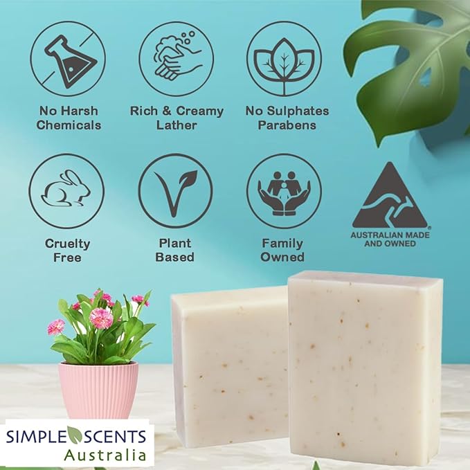 Simple Scents Australia Oatmeal & Milk Scented Natural Soap Bars (5 Bars), 3.5oz Moisturizing French Triple Milled Soap Bars Enriched with Shea Butter - Pure Plant Oil Bath & Body
